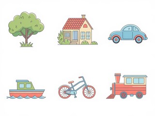 Colorful Illustrations of a House Tree Car Boat Bike and Train