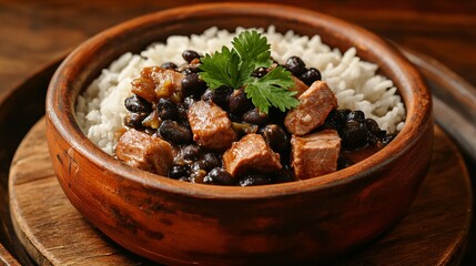 Fototapeta premium Traditional Feijoada Dish With Black Beans, Tender Beef, Rice, and Fresh Parsley Garnish, Served in a Rustic Bowl, Highlighting Comfort Food, Brazilian Cuisine, and Hearty Flavors