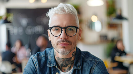 Obraz premium Man with a beard and glasses is sitting in a restaurant