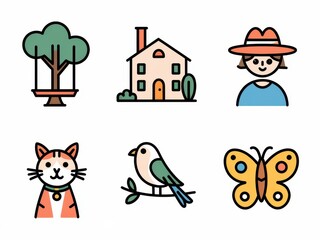 Colorful Icons Depict Nature Animals House And Person
