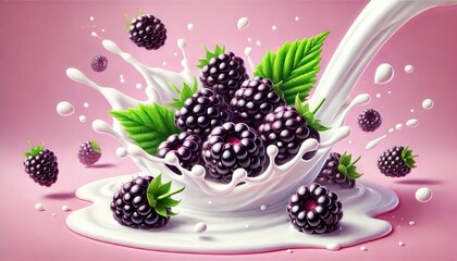 Juicy Blackberries Splashed in Cream with Green Leaves and Vibrant Colors