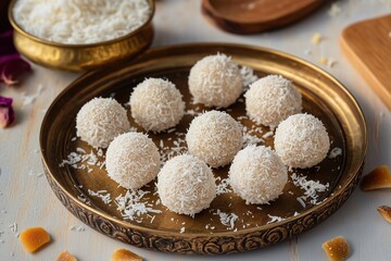 Traditional Coconut Laddoos on Brass Tray with Fresh Coconut Pieces and Minimalistic Styling