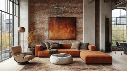 Obraz premium Cozy living space designed with modern elements and natural light in an urban setting