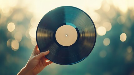 Hand holding a vinyl record against a blurred background of trees and sky at sunset, creating a...