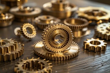 Golden gears resting on wooden surface, representing teamwork and precision engineering