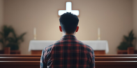 A person sits in contemplation facing a cross in a quiet church.  Peaceful moment of reflection and prayer.