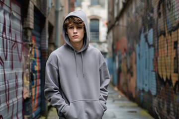 Obraz premium Urban Streetwear-Inspired Gray Hoodie Mockup Featuring a Stylish Male Model in Trendy Casual Outfit for Modern Fashion Design Concepts