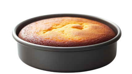 Freshly baked cake in a cake pan, isolated on transparent background