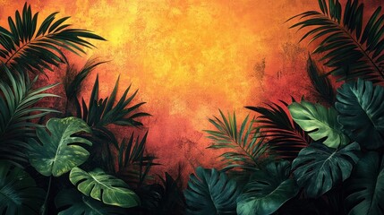 Lush Tropical Foliage Against Warm Orange Background