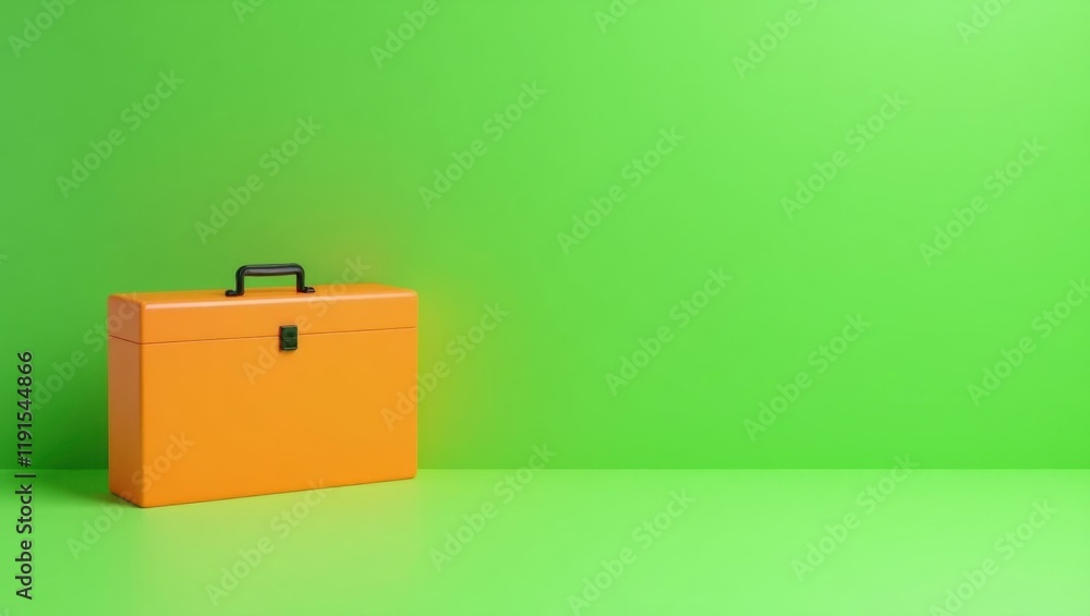 Poster neon orange toolbox on left. soft green background. copy space for text, 3d render ai generated desi