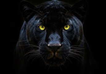 Black panther portrait, intense yellow eyes, dark background, high contrast, detailed fur texture, close-up, mystical atmosphere, wildlife photography, dramatic lighting, mysterious, predator gaze, sl