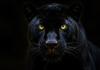 Obraz premium Black panther portrait, intense yellow eyes, dark background, high contrast, detailed fur texture, close-up, mystical atmosphere, wildlife photography, dramatic lighting, mysterious, predator gaze, sl