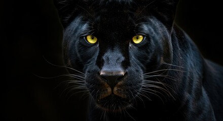 Black panther portrait, intense yellow eyes, dark background, high contrast, detailed fur texture, close-up, mystical atmosphere, wildlife photography, dramatic lighting, mysterious, predator gaze, sl