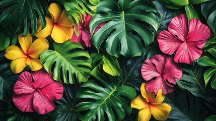 Vibrant Tropical Flowers and Lush Green Monstera Leaves