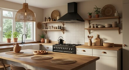 Cozy rustic kitchen, warm sunlight, wooden countertops, open shelving, hanging copper pots, woven baskets, potted herbs, vintage stove, pendant light, farmhouse sink, natural materials, earth tones, m