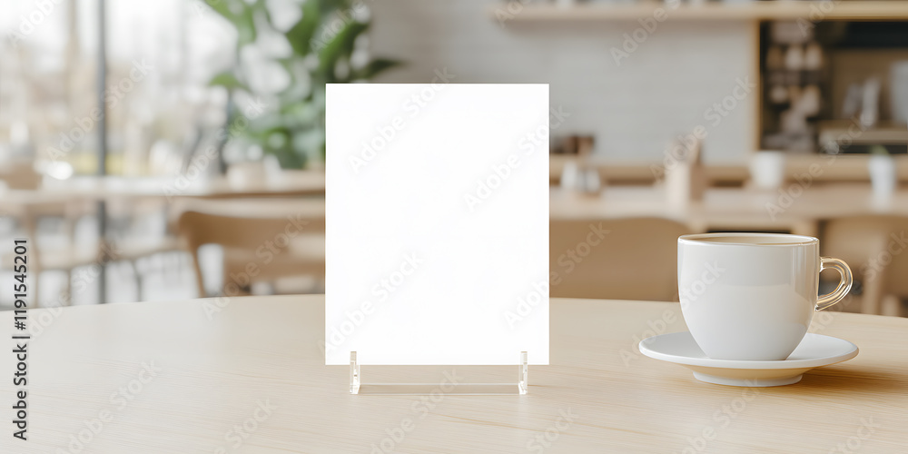 Poster blank sign on cafe table with coffee cup. perfect for menu or message display.