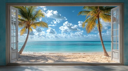 Ocean view through open windows with palm trees on a sunny day at the beach