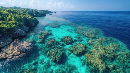 Tropical Island Coastline with Vivid Coral Reefs and Ocean
