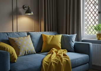 Modern living room interior, cozy sectional sofa, blue-gray upholstery, mustard yellow throw pillows, knit blanket, warm lighting, lattice window, neutral color palette, contemporary design, minimalis