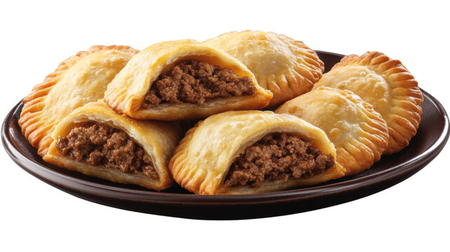 Fried beef empanadas filled with minced meat, served on a plate, ideal for showcasing savory dishes, isolated on transparent background