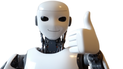 Friendly AI robot chatbot with thumbs up, isolated on transparent background