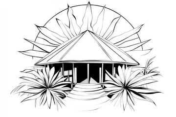 Fototapeta premium A beautifully stylized illustration of a tropical house surrounded by lush foliage emphasizes harmony with nature and invites feelings of peace, relaxation, and escape.