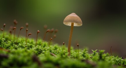 Macro photograph, forest floor, delicate mushrooms, soft lighting, moss carpet, earthy tones, shallow depth of field, misty atmosphere, tiny organisms, nature details, fairy tale ambiance, damp enviro