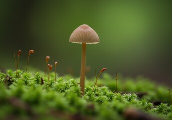 Fototapeta premium Macro photograph, forest floor, delicate mushrooms, soft lighting, moss carpet, earthy tones, shallow depth of field, misty atmosphere, tiny organisms, nature details, fairy tale ambiance, damp enviro