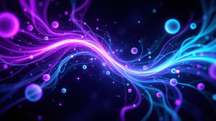 Fototapeta premium Vibrant abstract background with purple and blue neon-like waves and floating bubbles.
