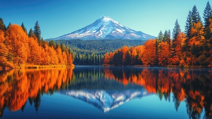 Obraz premium Autumn Reflections Of A Snow Capped Mountain In A Still Lake