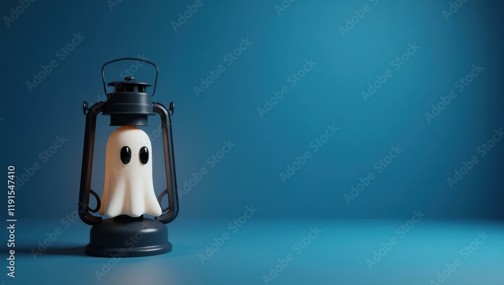 Poster ghostly gray creepy lantern on left. soft green background. copy space for text, 3d render ai genera
