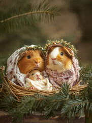 Two cute guinea pigs don cozy clothing and floral crowns, snuggling together in a rustic setting, portraying warmth, companionship, and tenderness in a charming photographic moment.