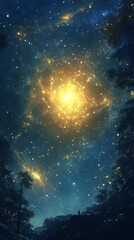 Fototapeta premium Starlit night sky with a glowing galaxy over a forest landscape
