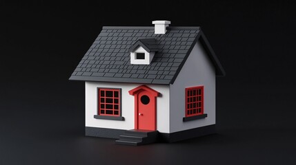 Minimalist 3D Model of a House With a Red Door and Windows on a Dark Background, Featuring Clean Lines and Modern Design, Ideal for Real Estate, Architecture, and Design Concepts