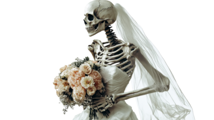 Full body of creepy bride skeleton with flowers, isolated on transparent background