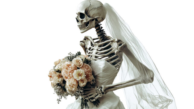 Full body of creepy bride skeleton with flowers, isolated on transparent background