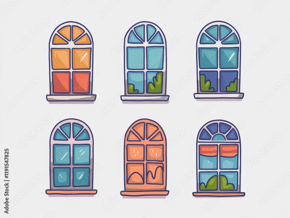 Poster six colorful arched windows displayed in a row