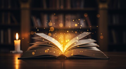 Magical glowing open book, fantasy library setting, dark background, arched doorway, floating luminous particles, warm golden light, mystical atmosphere, knowledge awakening, ancient wisdom, ethereal 