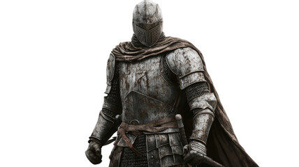 Fototapeta premium Knight of valor, full armor, detailed metal and weathered cloak, embodiment of honor, isolated on transparent background