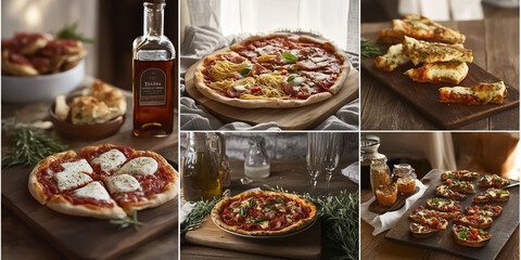 A collage showcasing classic Italian dishes: pasta with marinara sauce, pizza slices, bruschetta, caprese salad, and a bottle of olive oil. 