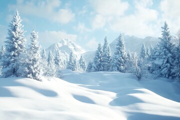 Fototapeta premium Captivating winter landscape with snow-covered trees and mountains in serene daylight