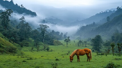 Obraz premium Chestnut Horse Grazing in Misty Mountain Valley