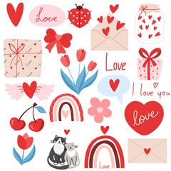 Cute set of stickers for Valentines day. Vector illustration different love and romantic elements, love, heart, flower. Collection for planner, greeting card, love letter or diary