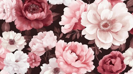 Pink and Red Floral Blooms Dark Background Pattern