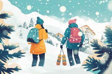 Snowy mountain adventure with hikers enjoying winter scenery in colorful outfits