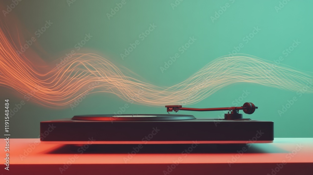 Poster modern record player playing vinyl record with visible orange sound waves flowing in the air, creati