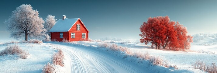 Winter landscape with a red house and snow-covered trees in a serene countryside