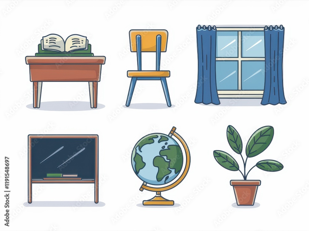 Poster classroom objects depicting educational tools and environment