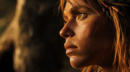 Close-up of a young woman with striking features and natural elements.