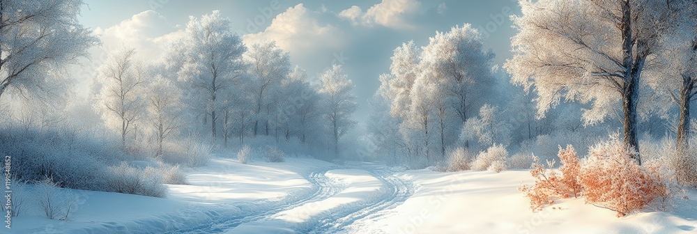 Poster snowy winter landscape with frosted trees and a winding path in tranquil nature setting